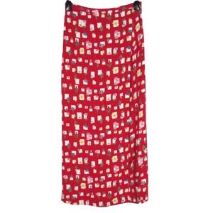VTG RIVER RIDGE Red Twill FLORAL/GEOMETRIC Slit Back FAUX WRAP MIDI SKIRT Sz 10